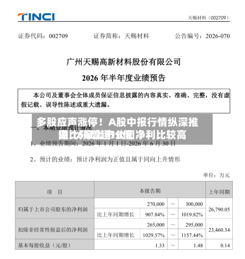 多股应声涨停!A股中报行情纵深推进 16家上市公司净利比较高
同比预增超10倍