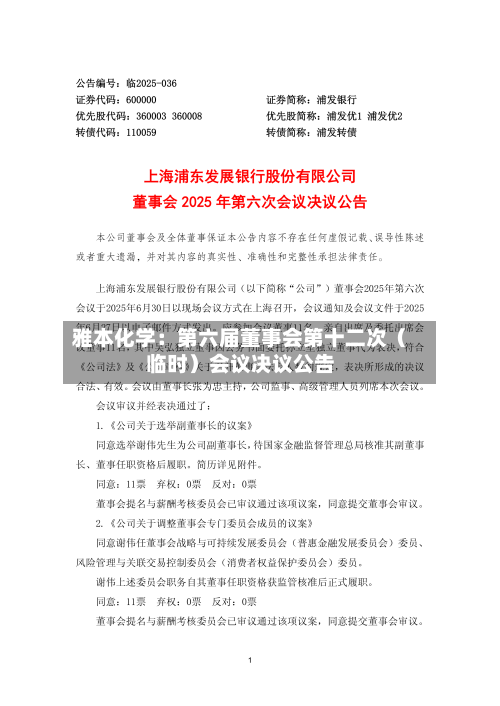 雅本化学：第六届董事会第十二次（临时）会议决议公告-第3张图片