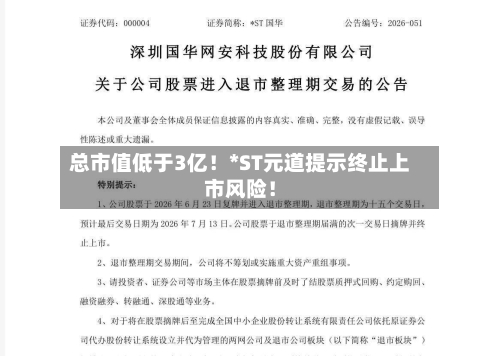 总市值低于3亿!*ST元道提示终止上市风险!